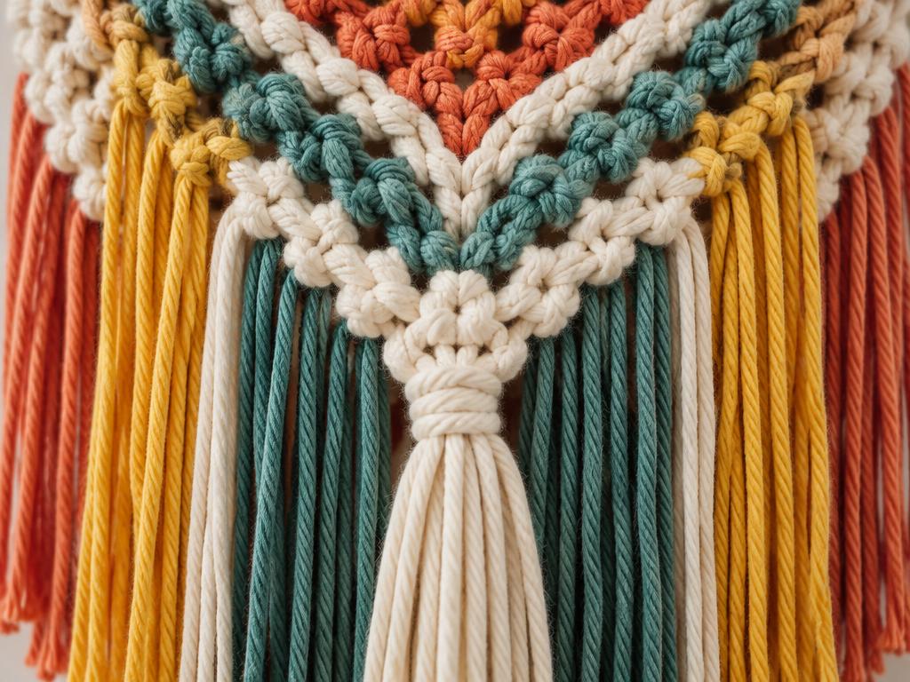 Detalhe dos nós de uma peça de macramê colorida